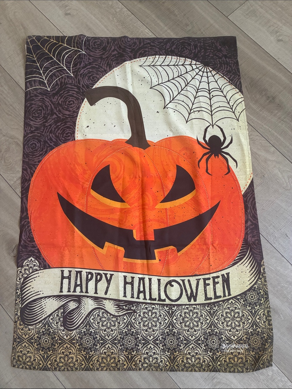 HAPPY HALLOWEEN NYLON FLAG large jack o lantern spider webs 28 x 42” reversible